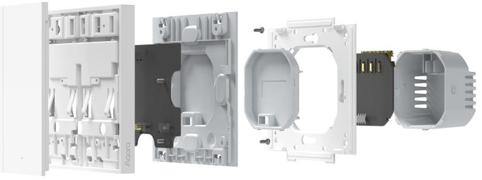 Explosionsansicht eines weißen Smart-Home-Geräts. Zeigt Komponenten wie die Abdeckung und die Leiterplatte.