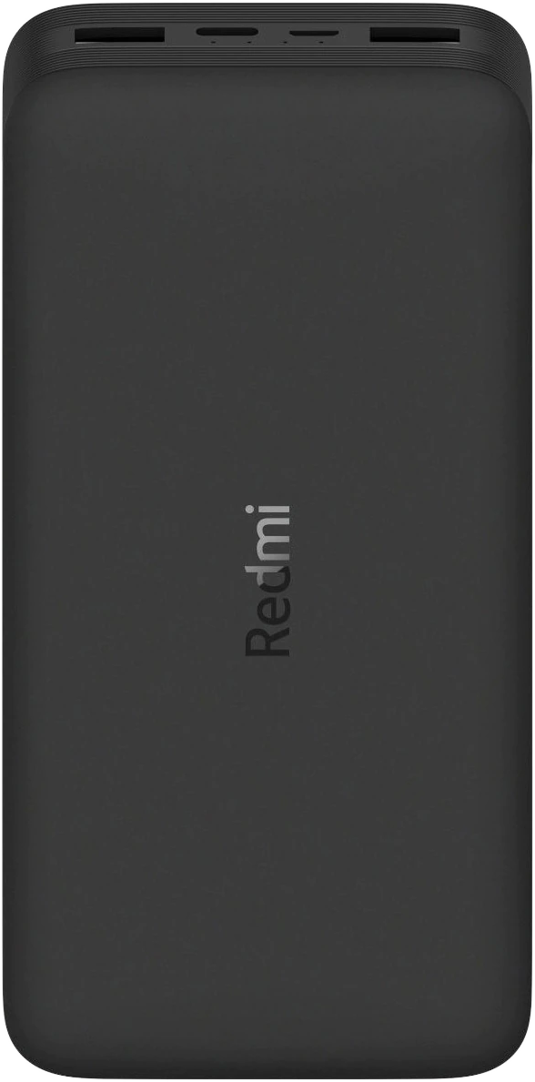 Fekete power bank Redmi logóval. Függőleges kialakítás. USB portok felül. Elegáns, sötét dizájn.