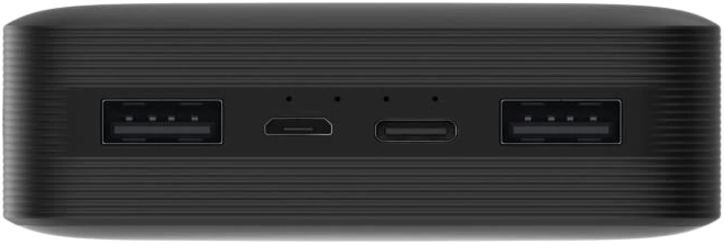 Fekete power bank több porttal. USB, USB-C és micro USB portok láthatók.