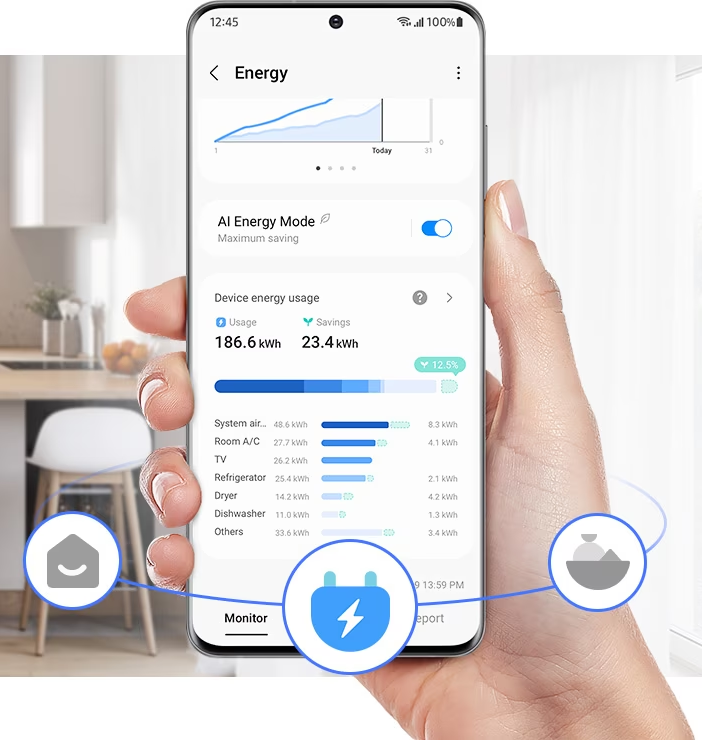 Egy telefon energiafelhasználási adatokat mutat. A képernyő grafikonokat és számokat jelenít meg a használatról és a megtakarításokról.