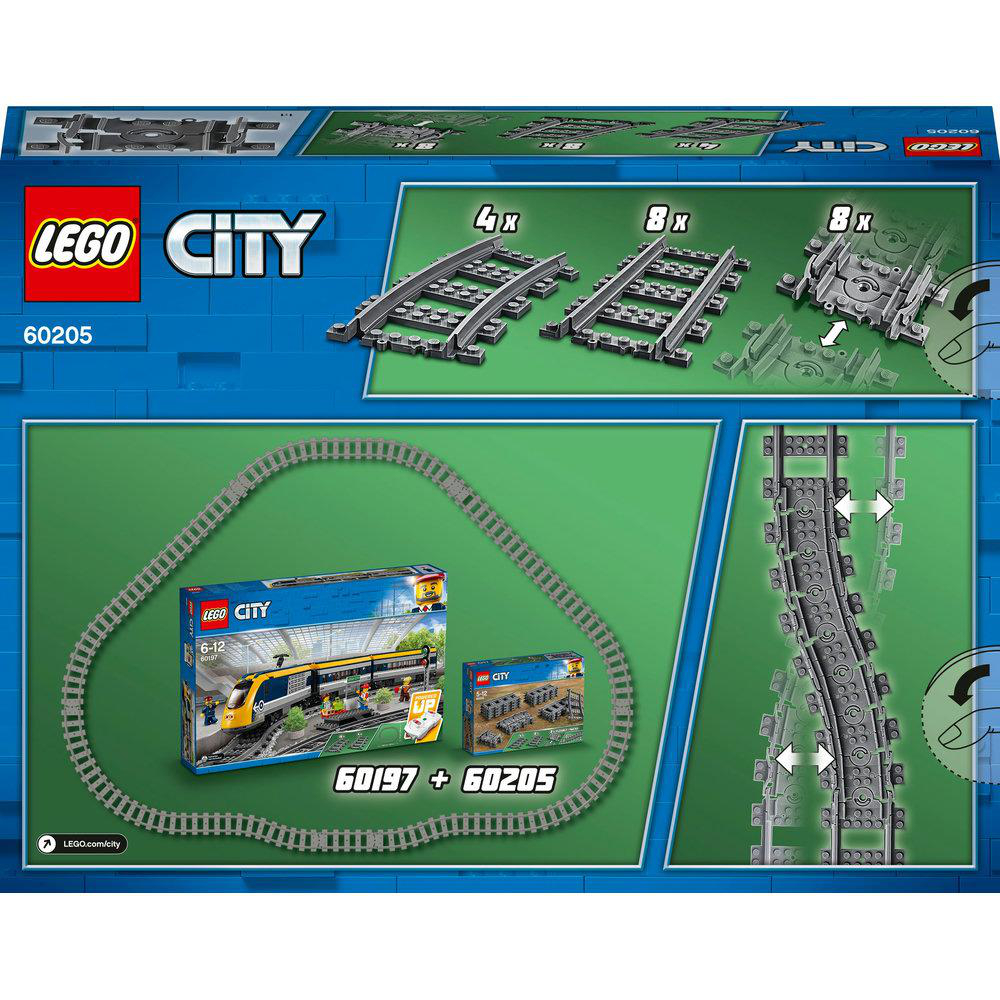 Lego City Zugset-Box, zeigt Zug, Gleise und Stadtkomponenten.