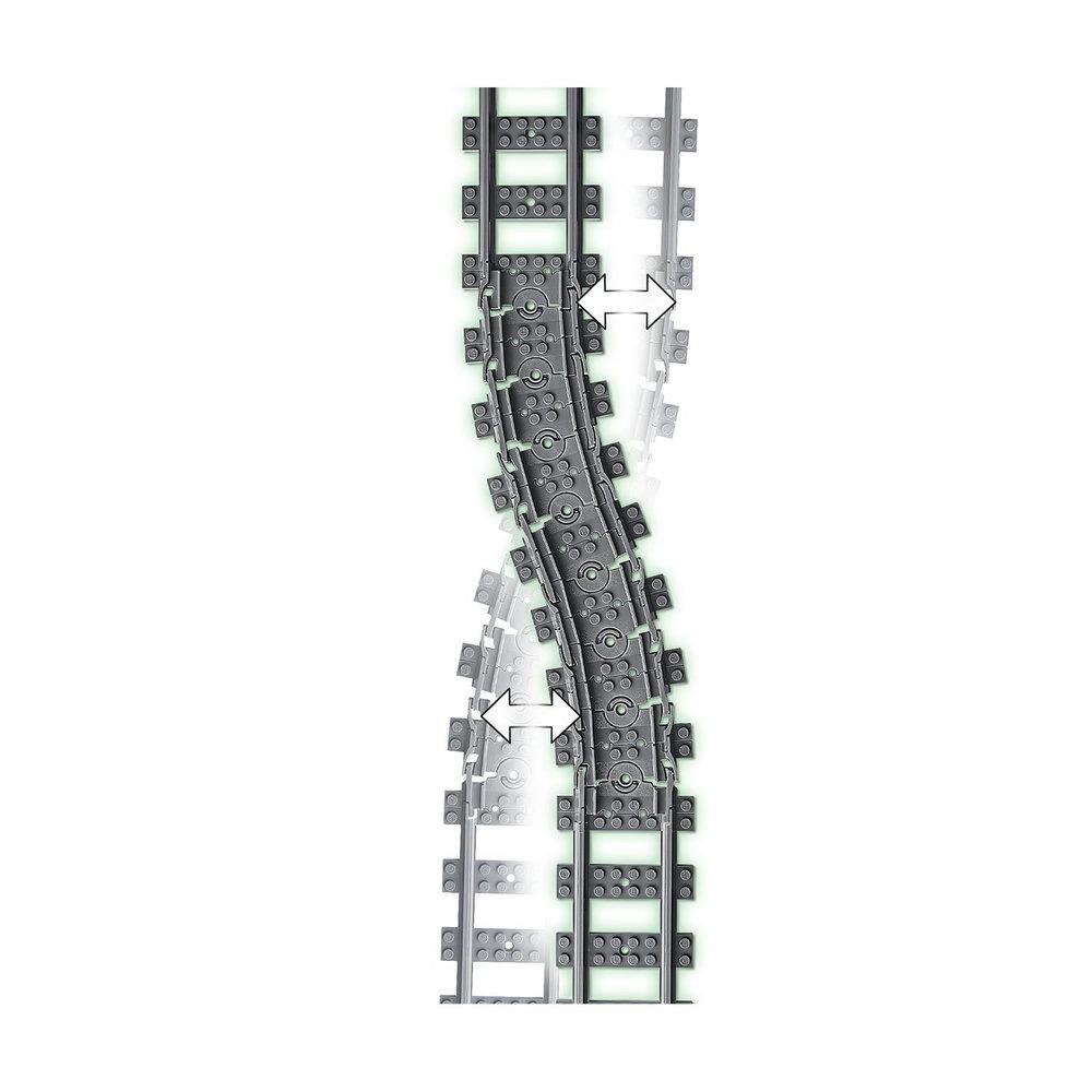 Gebogene graue Bahngleise mit Pfeilen, die die Richtung anzeigen. Die Gleise haben Schwellen und Metallschiene.