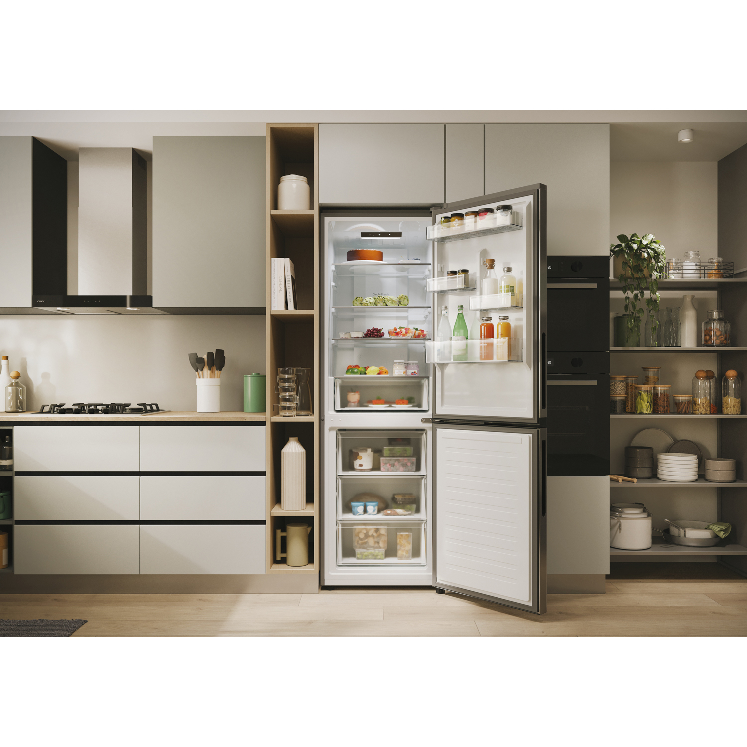 Una cucina moderna con frigorifero aperto, pieno di alimenti e un vano congelatore.