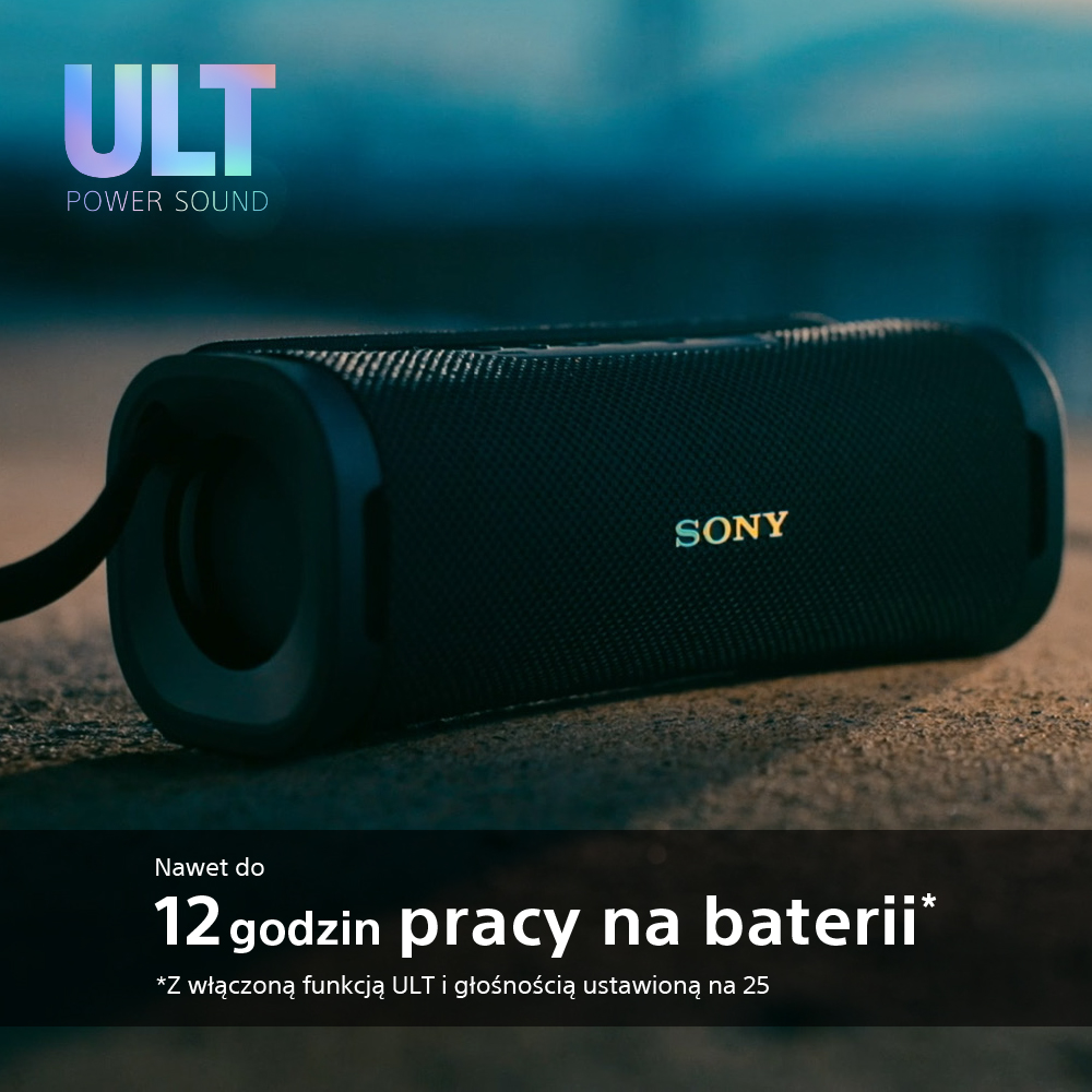 Czarny głośnik Sony z tekstem 'ULT Power Sound'. Poniżej: Do 12 godzin pracy na baterii.