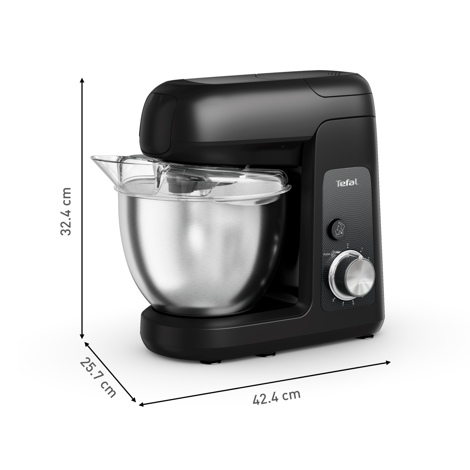 Fekete Tefal konyhai robotgép méretekkel, fémtállal és műanyag fedéllel.