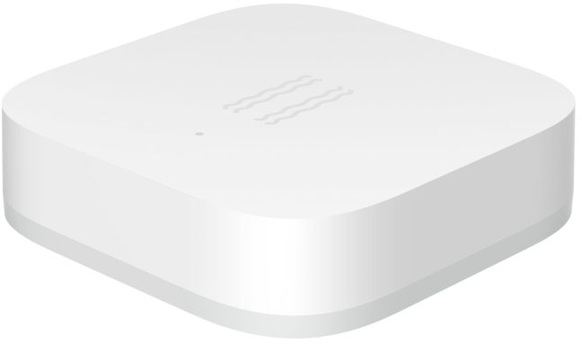 Un piccolo dispositivo quadrato bianco con un design curvo. Ha tre linee ondulate sopra. Lo sfondo è bianco.