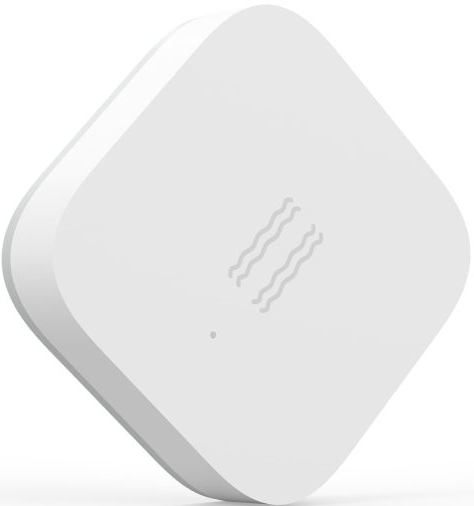 Un dispositivo per la casa intelligente bianco e quadrato con un logo a linea ondulata e un piccolo indicatore luminoso.