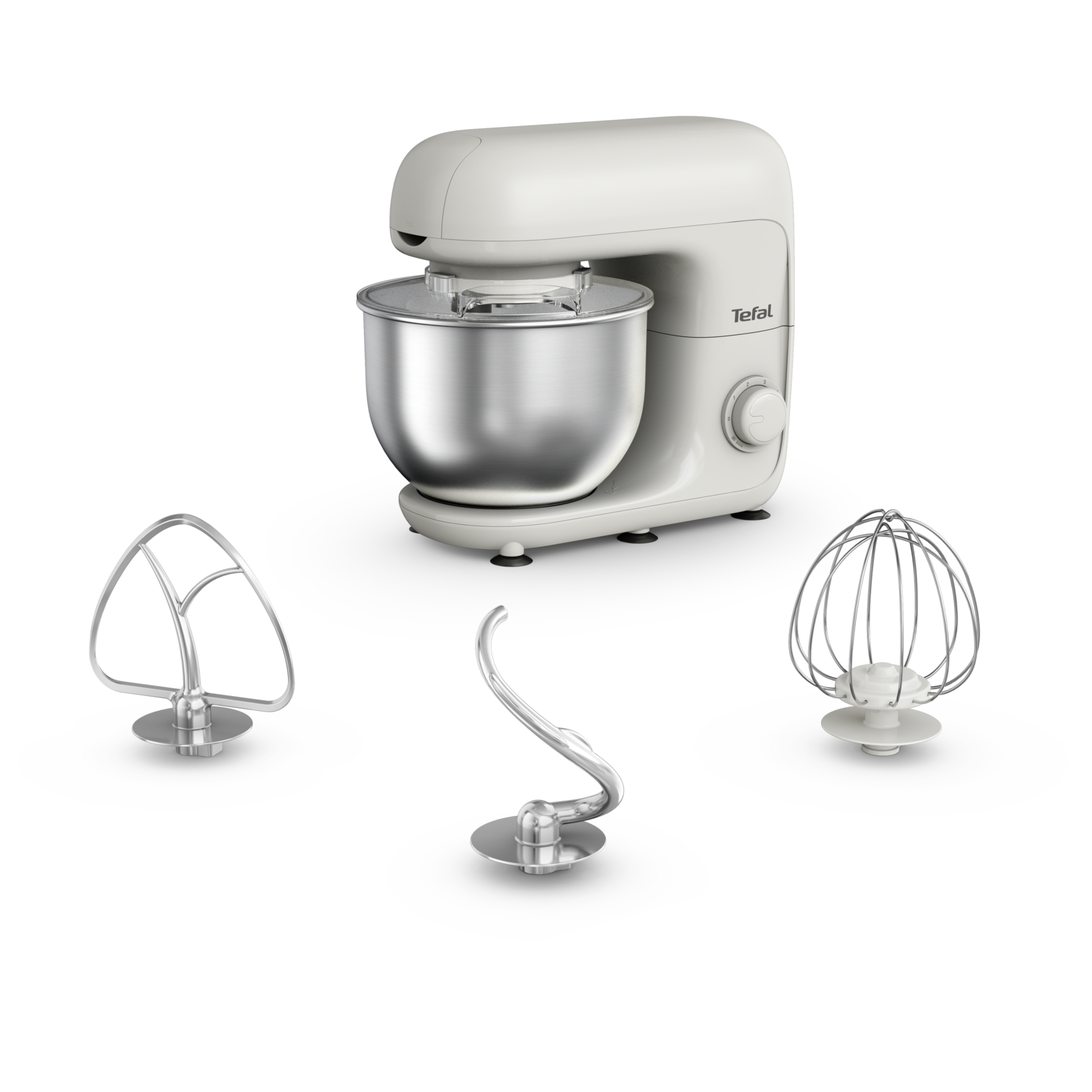 Fehér Tefal robotgép és tartozékok. A robotgép fehér háttéren van.