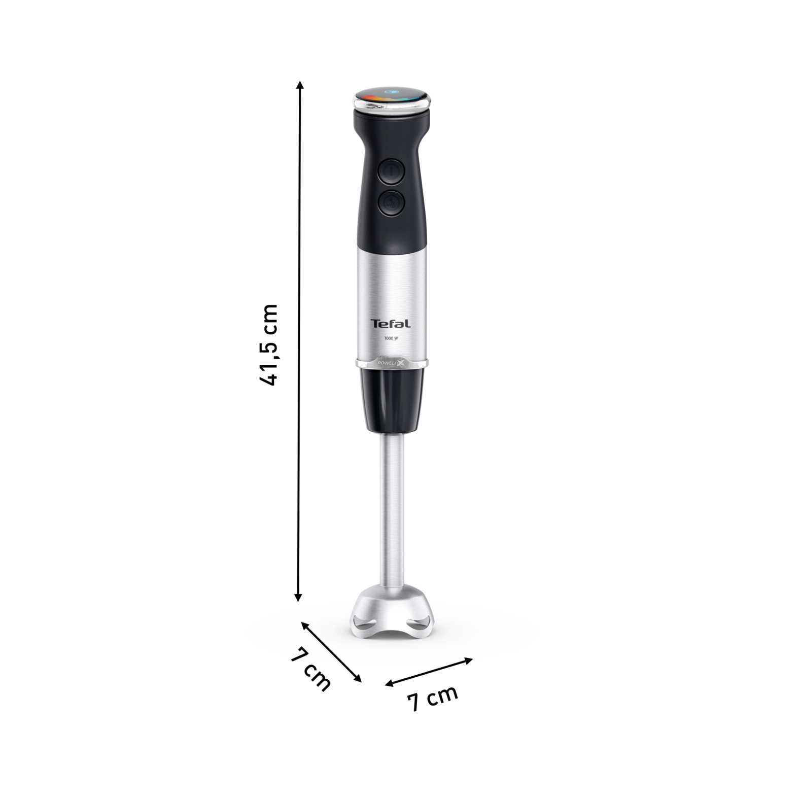 Egy fekete-ezüst Tefal botmixer, 41,5 cm magas és 7 cm széles.