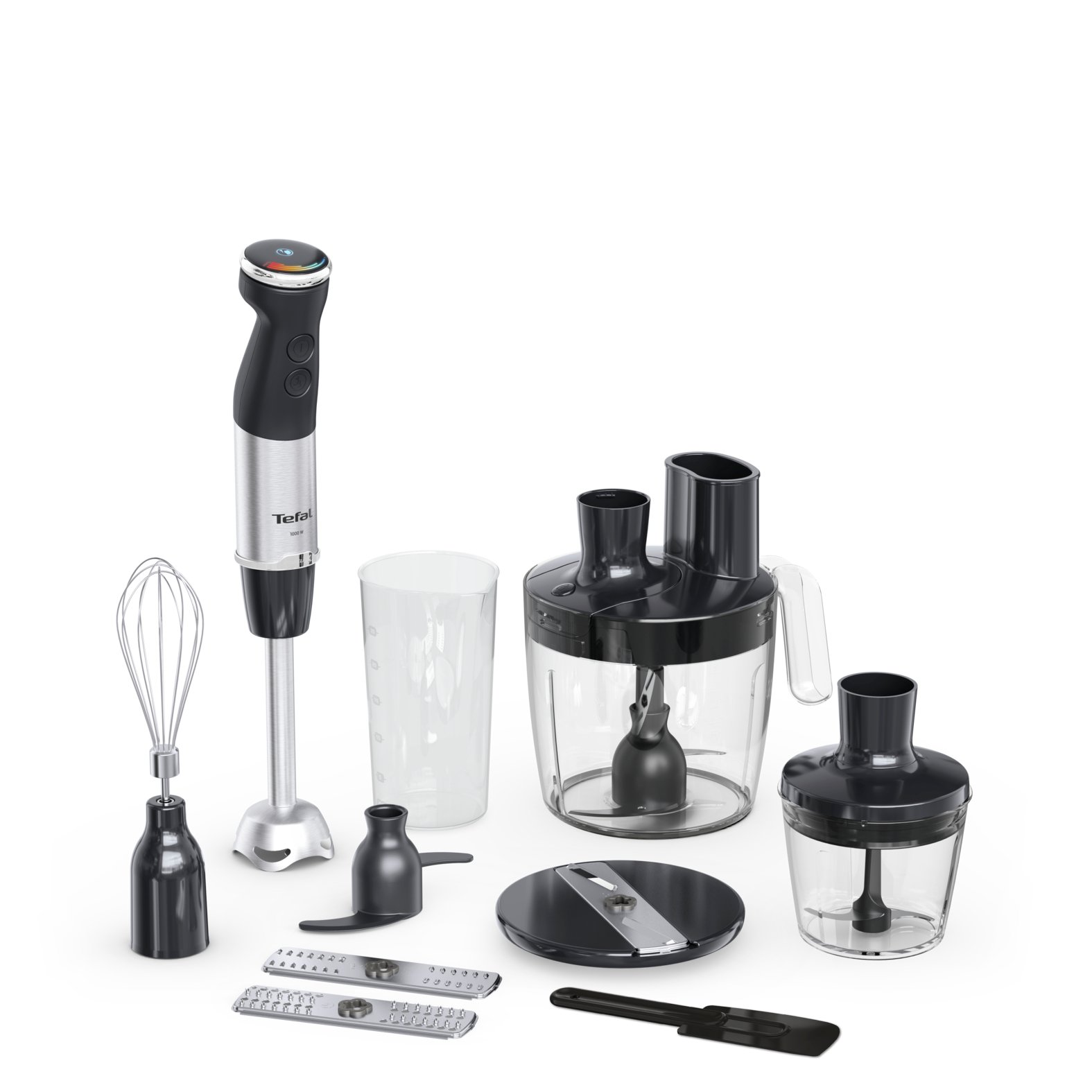Tefal botmixer és tartozékok, fekete és ezüst, fehér felületen.