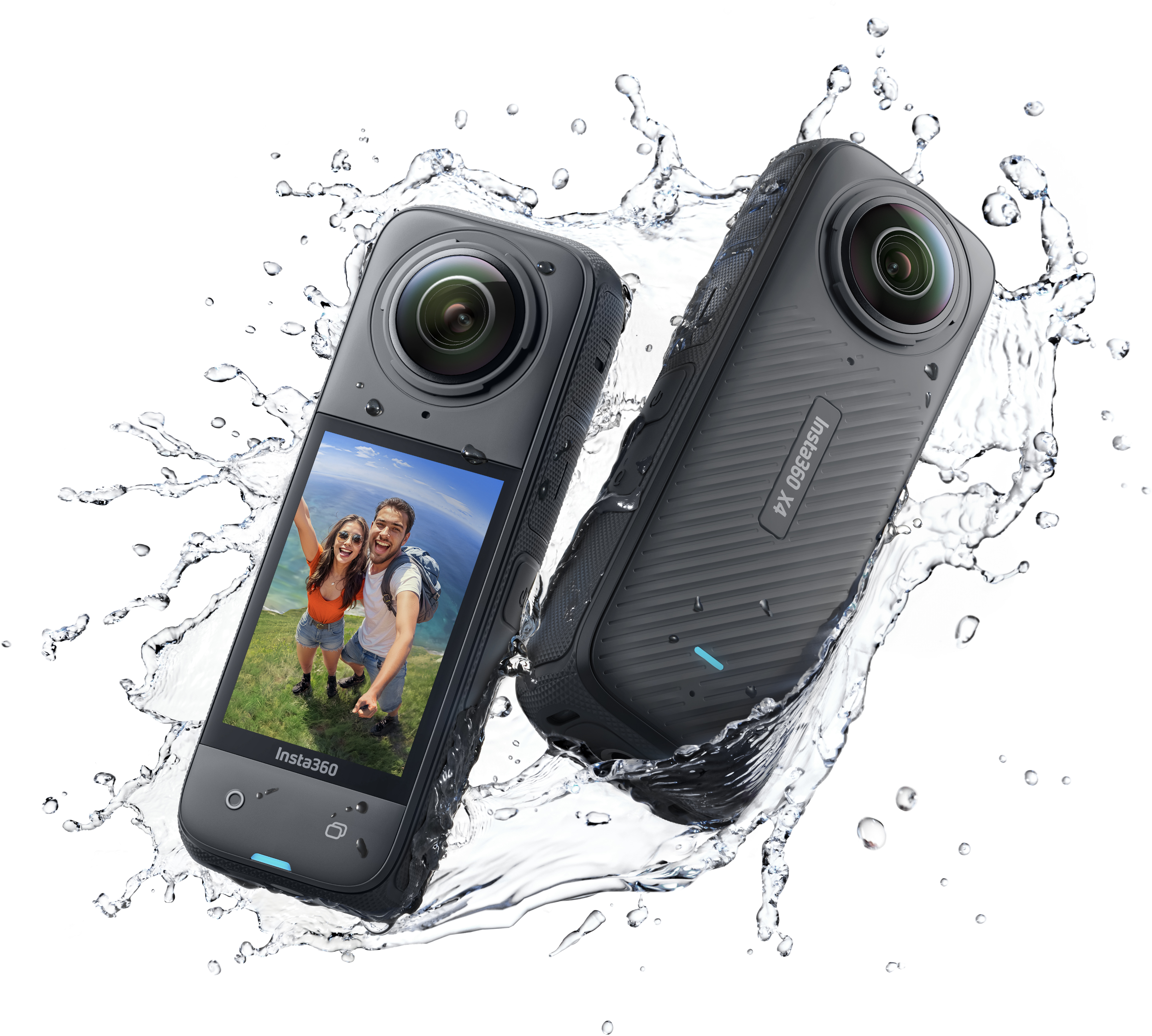 Zwei schwarze Action-Kameras im Wasser, mit Selfie auf einem Bildschirm. Wasserspritzer.