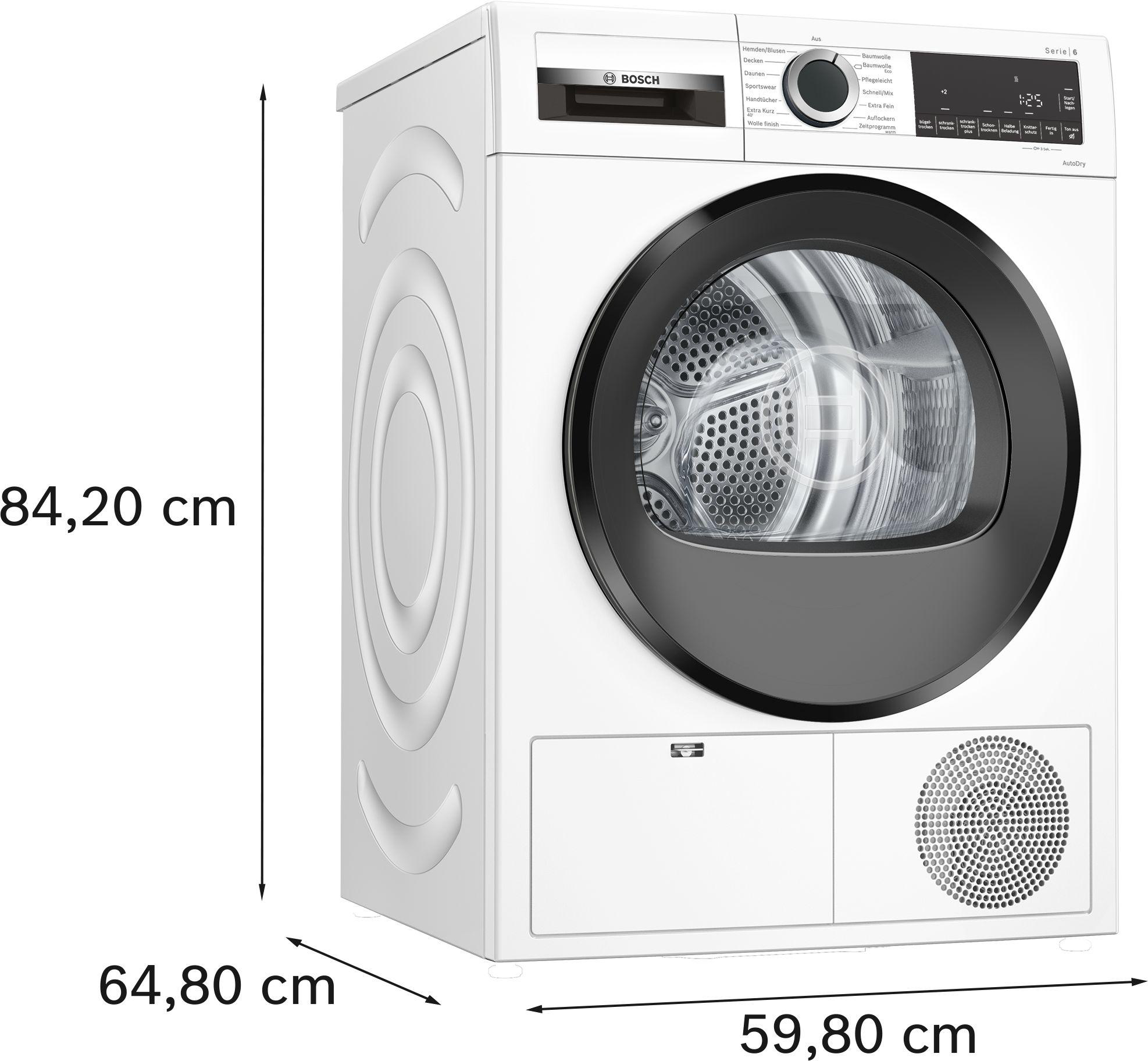 Bosch Serie 6 Trockner. Maße: 84,20 cm Höhe, 64,80 cm Breite und 59,80 cm Tiefe.