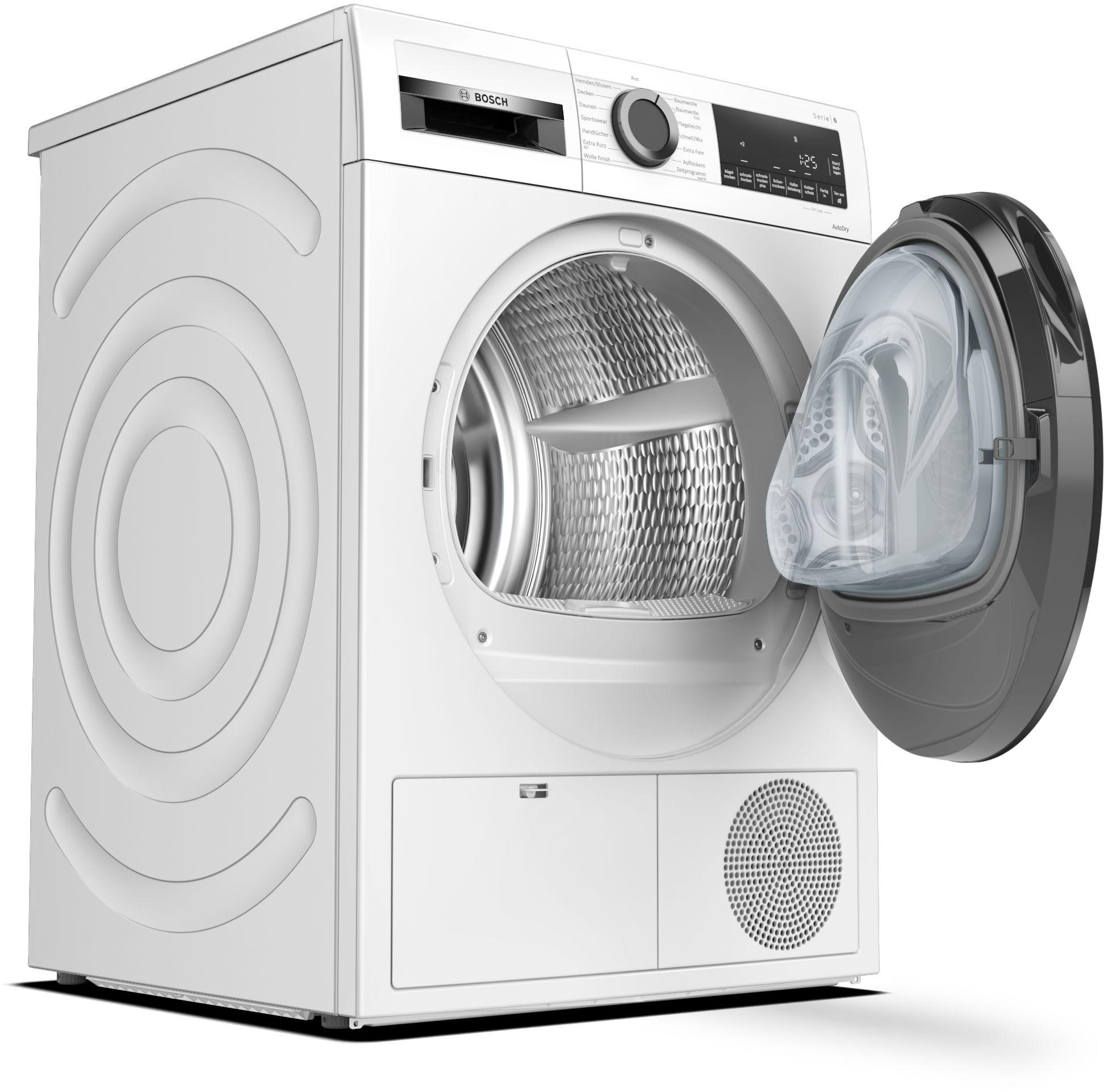 Eine weiße Waschmaschine mit geöffneter Tür, die die Trommel zeigt.