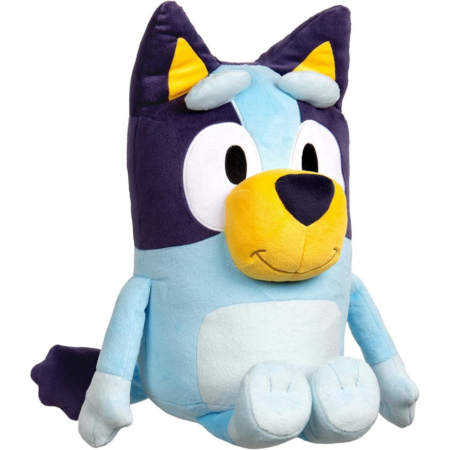 A plush Bluey toy in a sitting position. It is blue, with black eyes and a yellow nose.