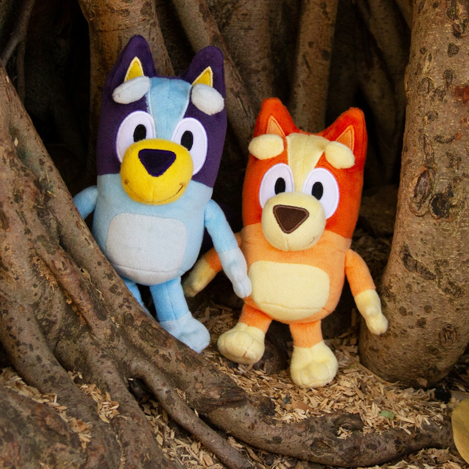 Two stuffed toy characters, Bluey and Bingo, sitting on a tree trunk.