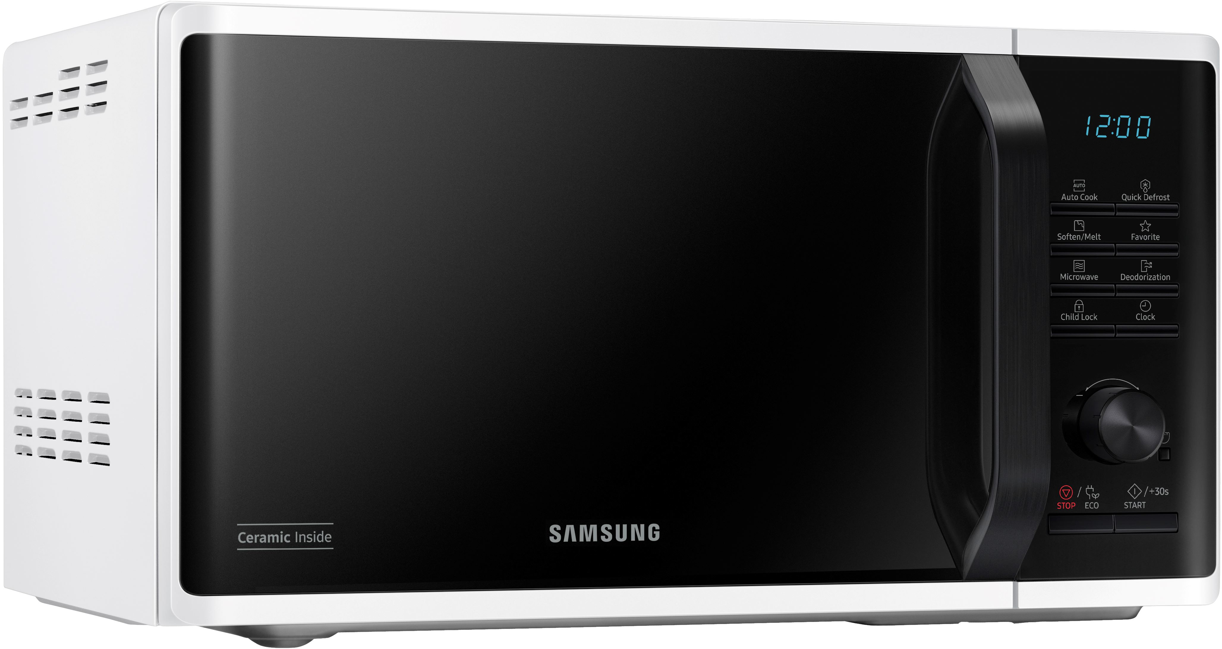 Forno a microonde Samsung bianco con porta e pannello di controllo neri, display digitale.