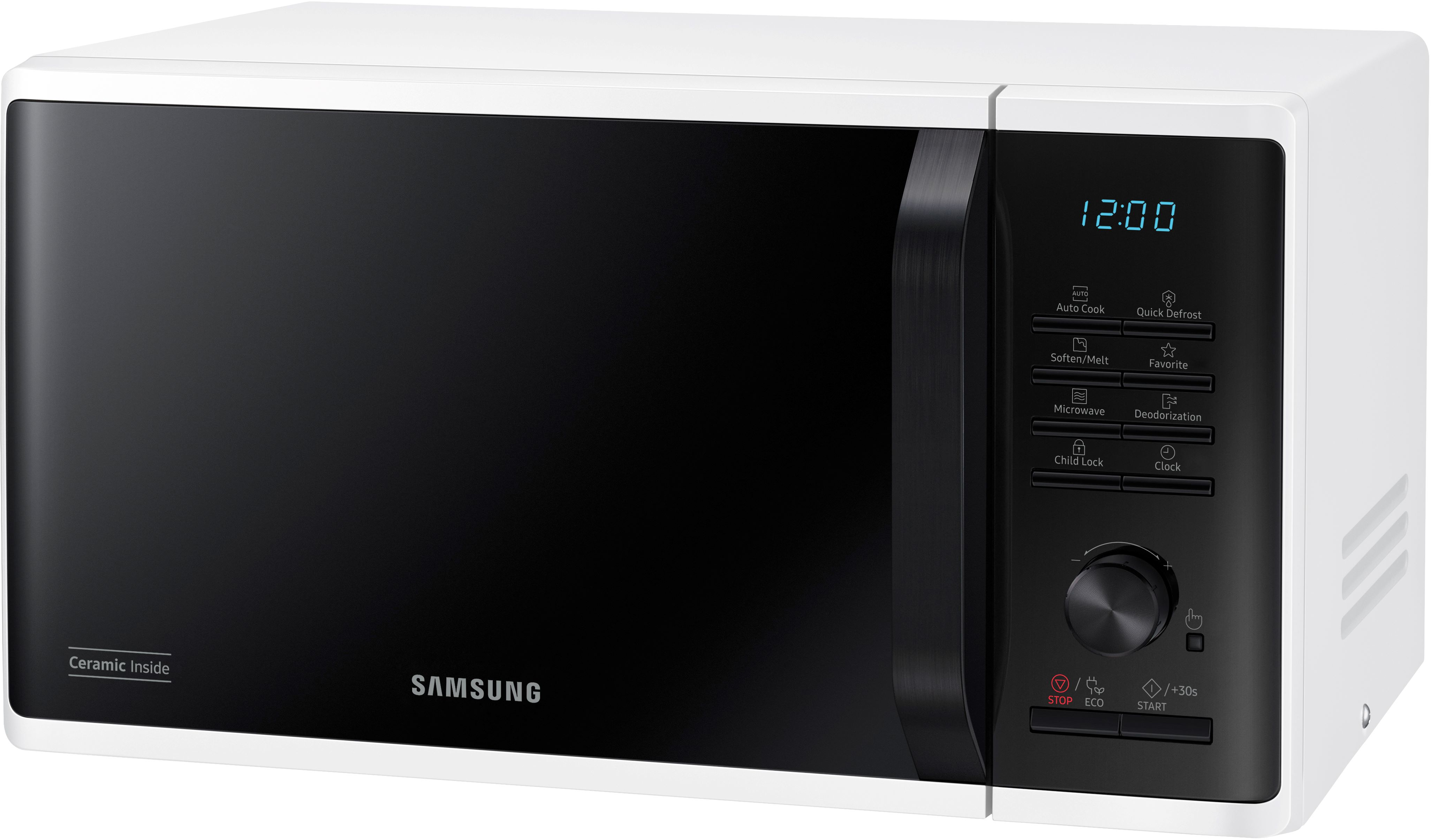Un forno a microonde Samsung bianco con porta e pannello di controllo neri. Il display mostra l'ora.