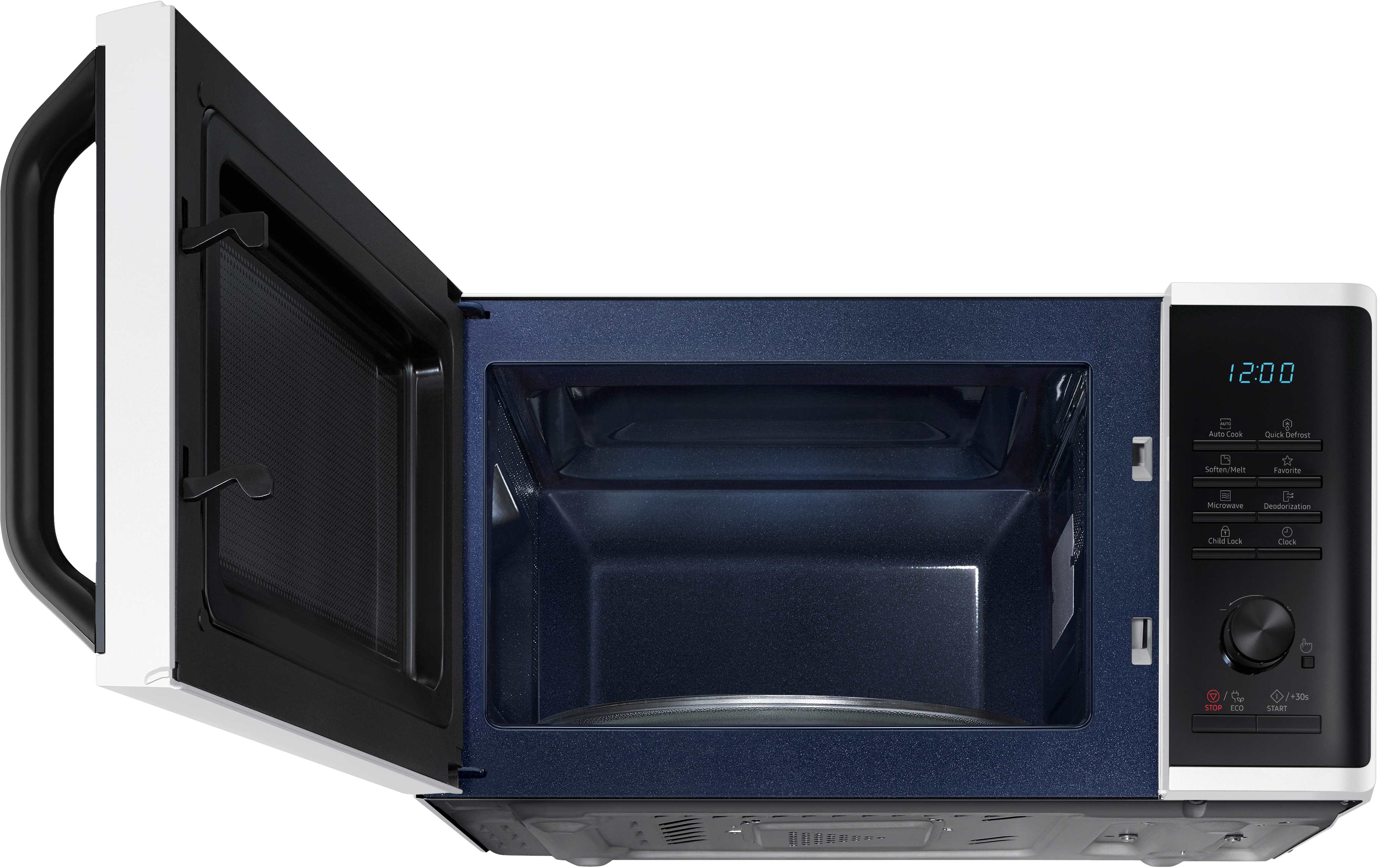 Forno a microonde con porta aperta, che mostra l'interno con interno blu scuro.