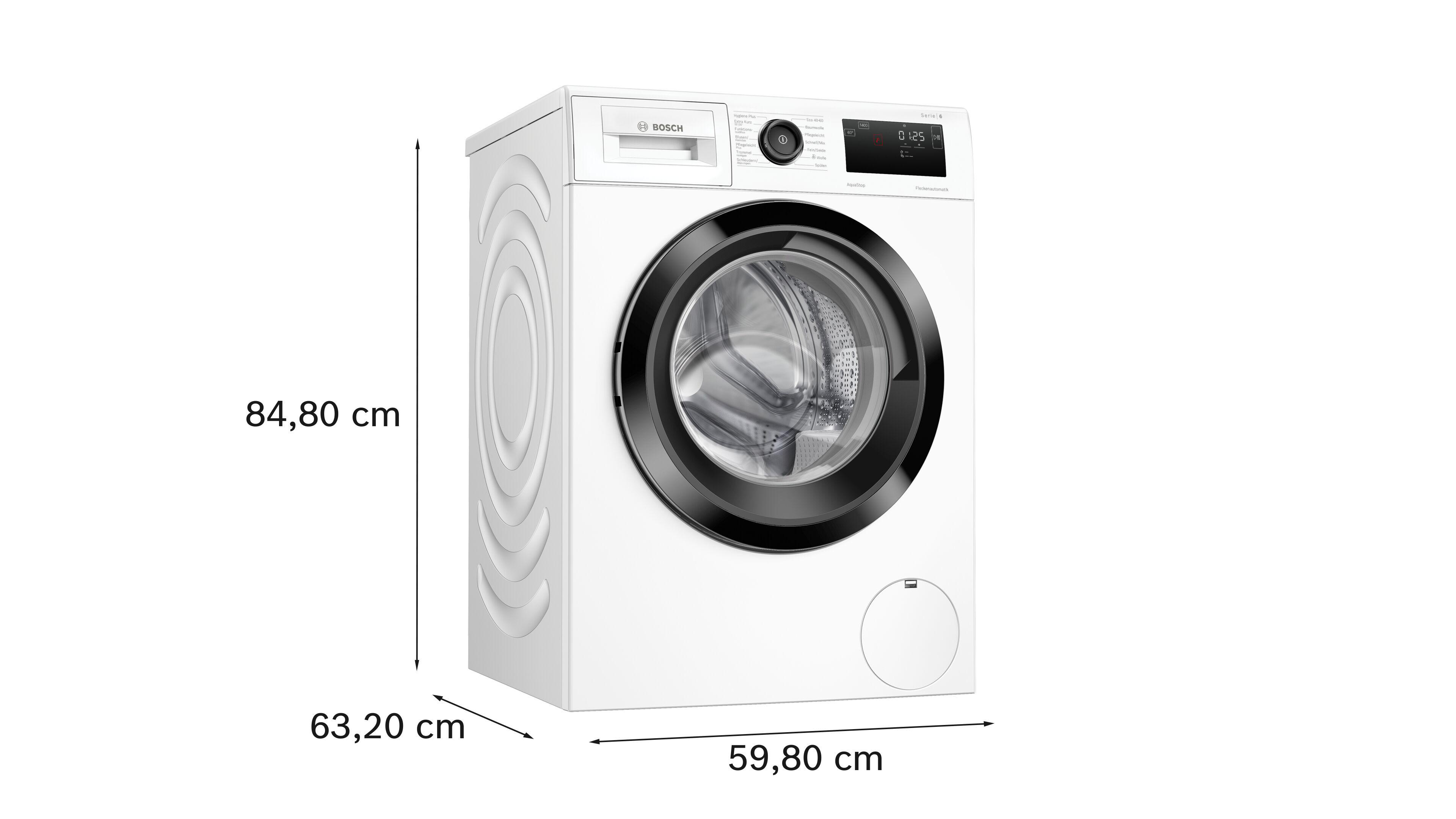 Eine weiße Waschmaschine mit angegebenen Abmessungen.