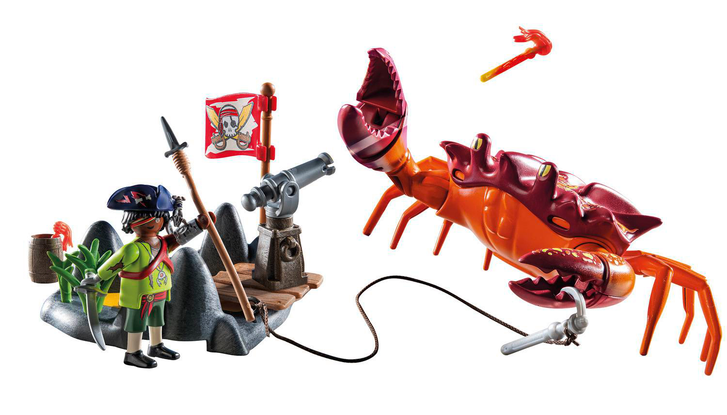 Playmobil Piratenszene mit Figuren, Kanone und großer Krabbe.