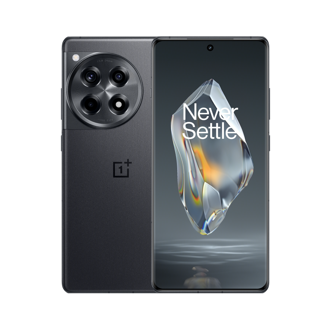 Un teléfono negro con un módulo de cámara en la parte trasera y la pantalla muestra 'Never Settle'.