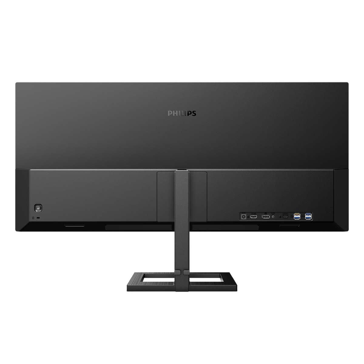 Vista trasera de un monitor negro con soporte y puertos. Logotipo de Phillips.