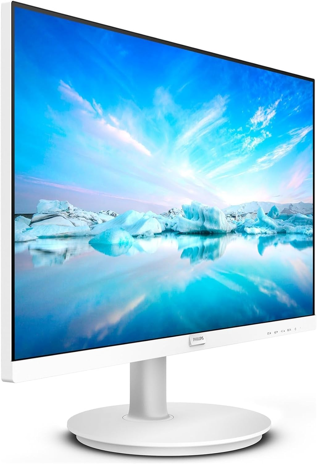 Monitor Philips blanco con cielo azul y icebergs en la pantalla.