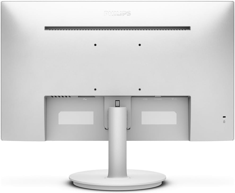Parte trasera de un monitor Philips blanco, que muestra los puertos, el soporte y el diseño del panel trasero.