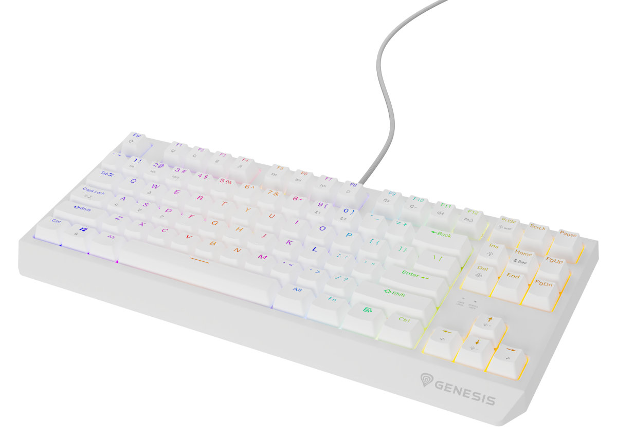 Biała klawiatura z kolorowymi podświetlanymi klawiszami i szarym kablem.