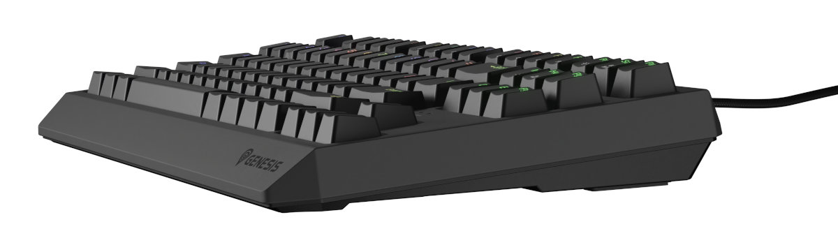 Czarna klawiatura Genesis, widok z boku, na białym tle.