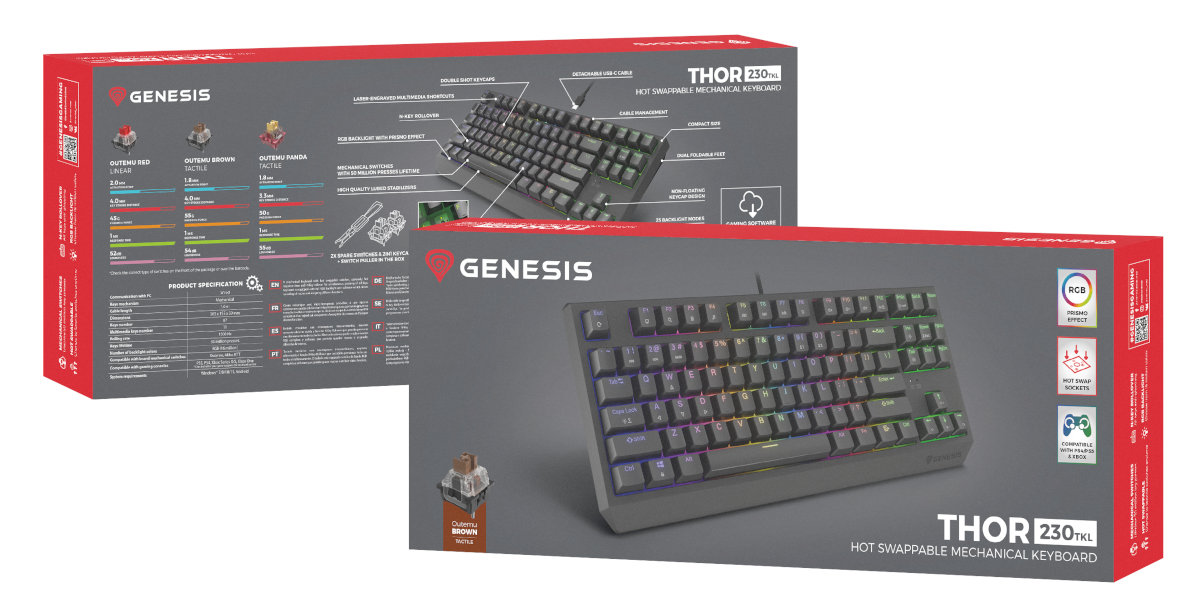 Dwa pudełka z klawiaturą mechaniczną. Jeden pokazuje klawiaturę. Drugi pokazuje przełączniki.