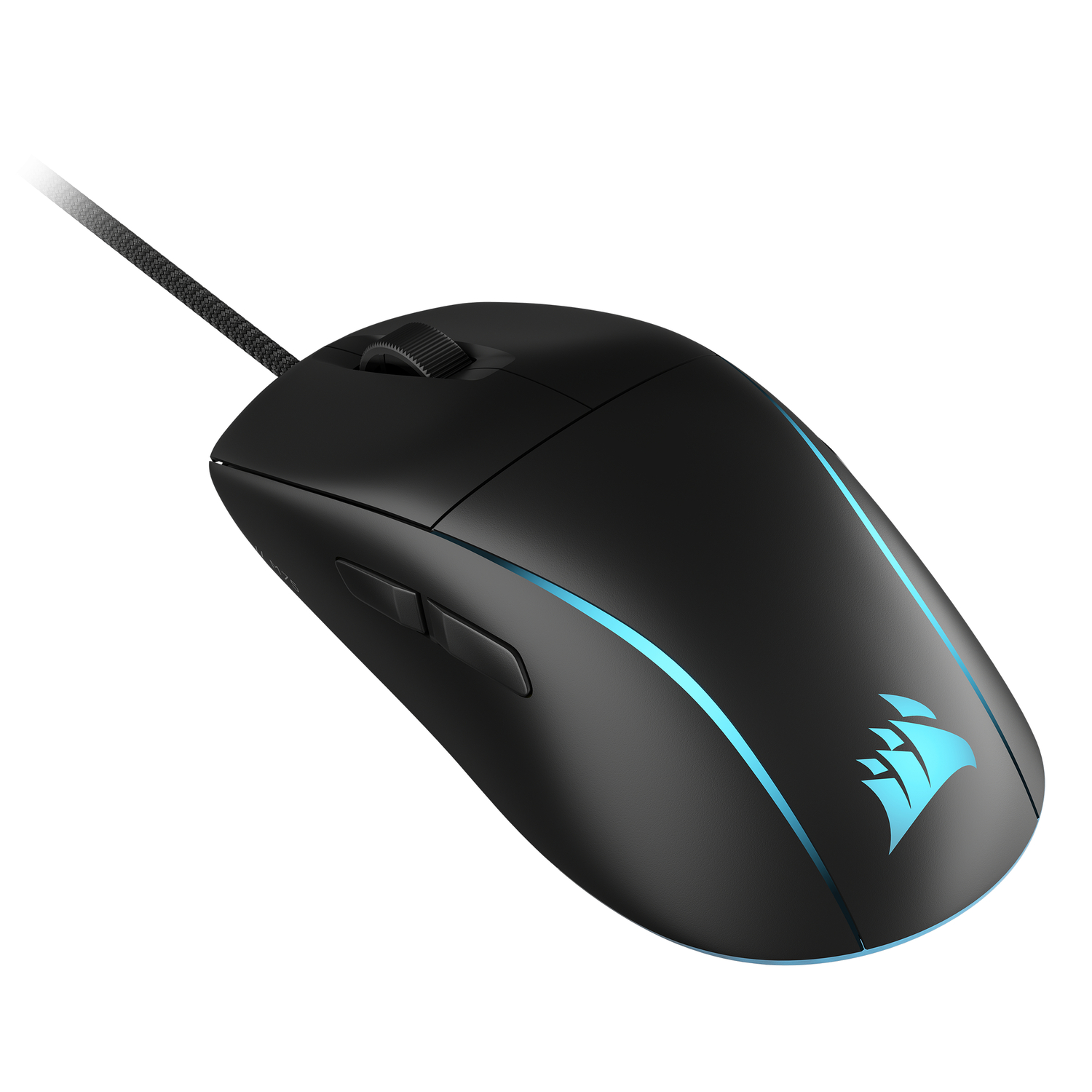 Zwarte gamingmuis met blauw licht en kabel. Hij heeft een scrollwiel en twee zijknoppen.