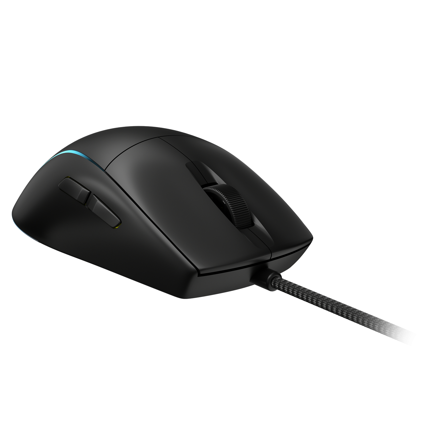 Een zwarte gamingmuis met een gevlochten kabel. Hij heeft een scrollwiel en zijknoppen.