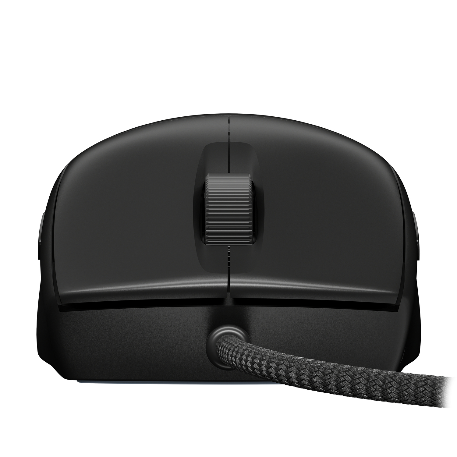 Een zwarte computermuis met een scrollwiel en een gevlochten kabel.