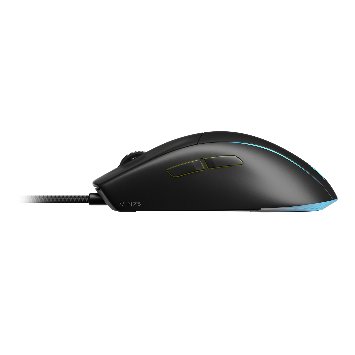 Een zwarte gamingmuis met een scrollwiel en knoppen, met blauwe en gele accenten.