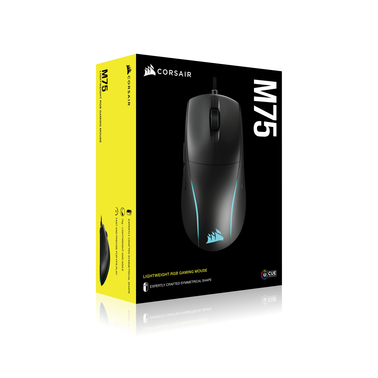 Een zwarte Corsair M75 gaming muis en zijn doos, met gele en zwarte kleuren.