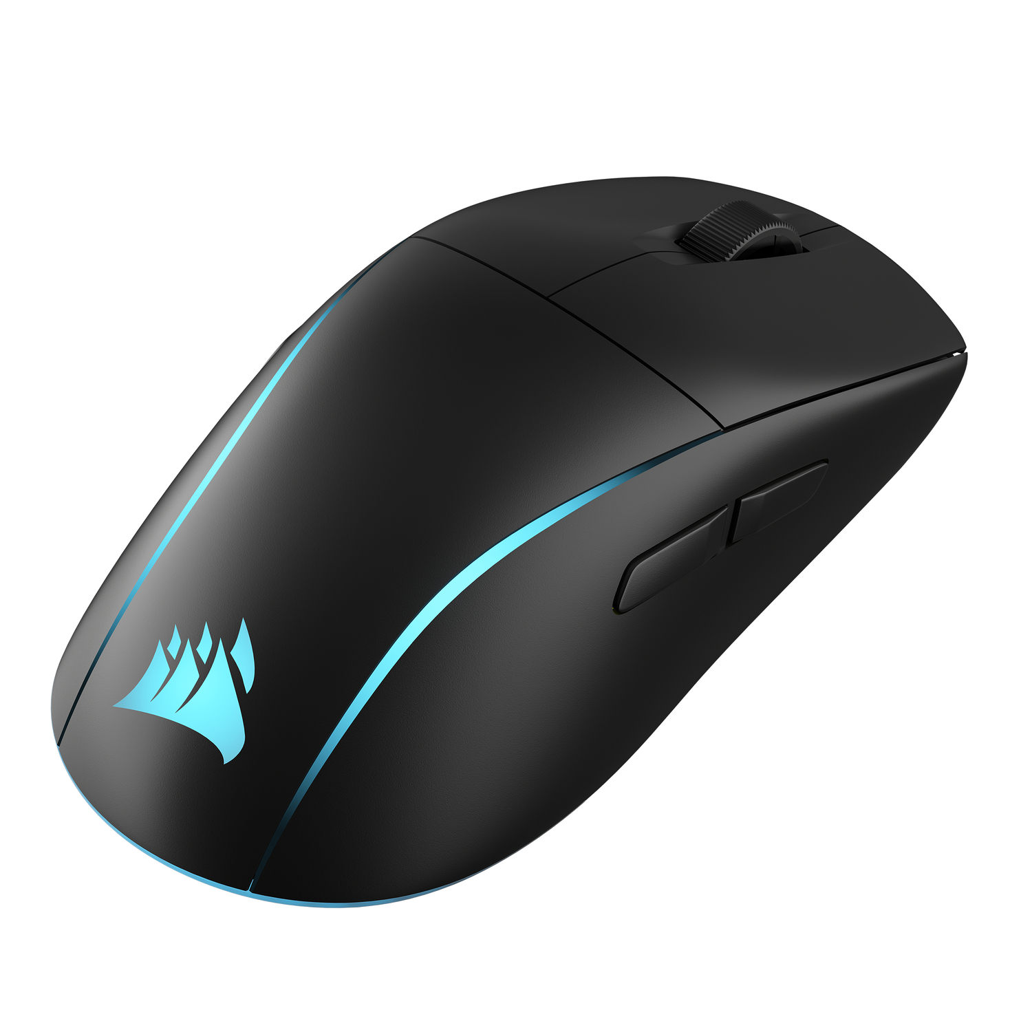 Zwarte Corsair gamingmuis met blauwe accenten en het Corsair-logo, geïsoleerd op een witte achtergrond.
