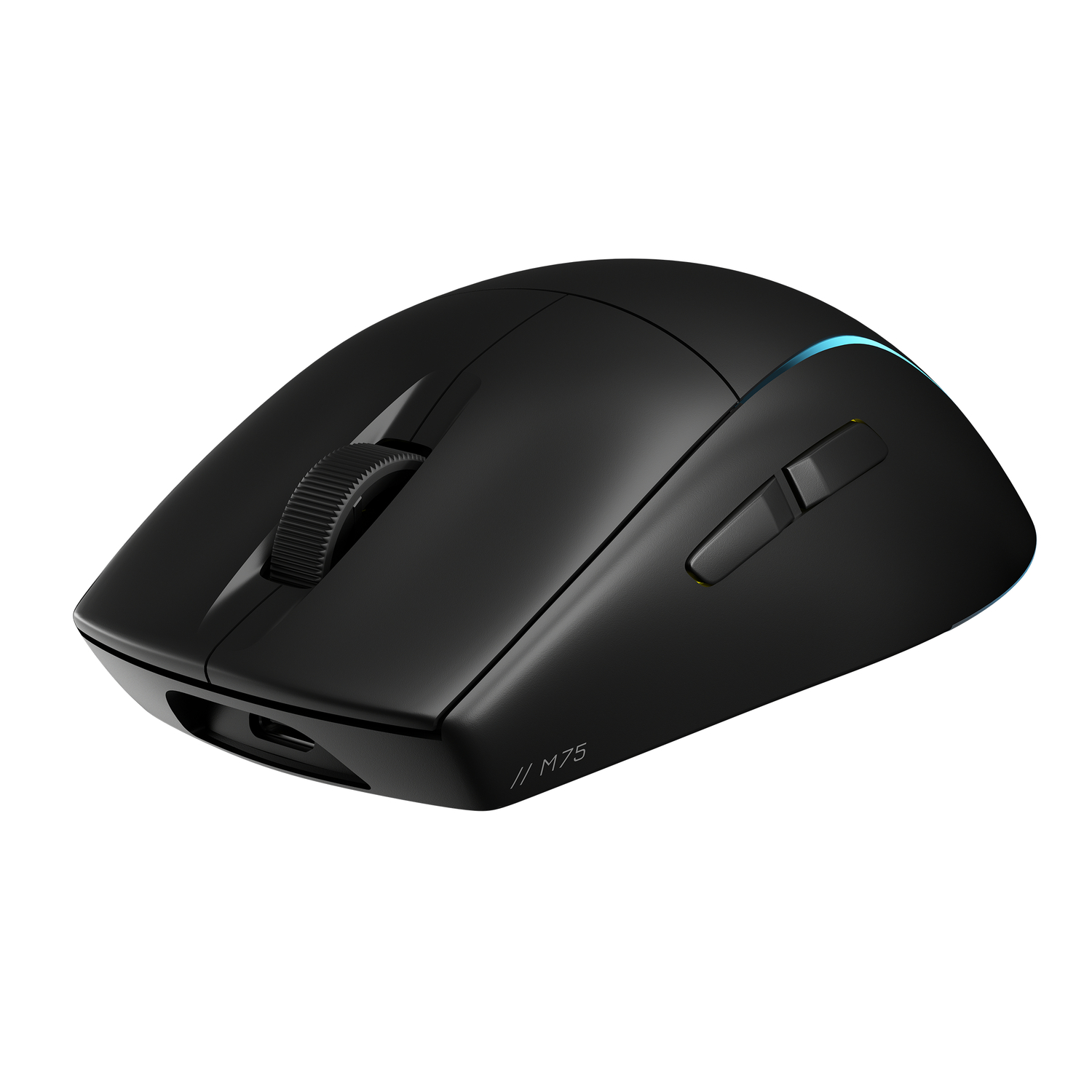 Zwarte draadloze muis met een scrollwiel en knoppen.
