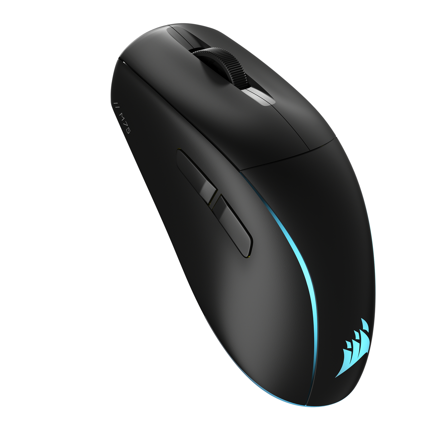 Zwarte gaming muis met blauwe led-verlichting, zijknoppen en scrollwiel.