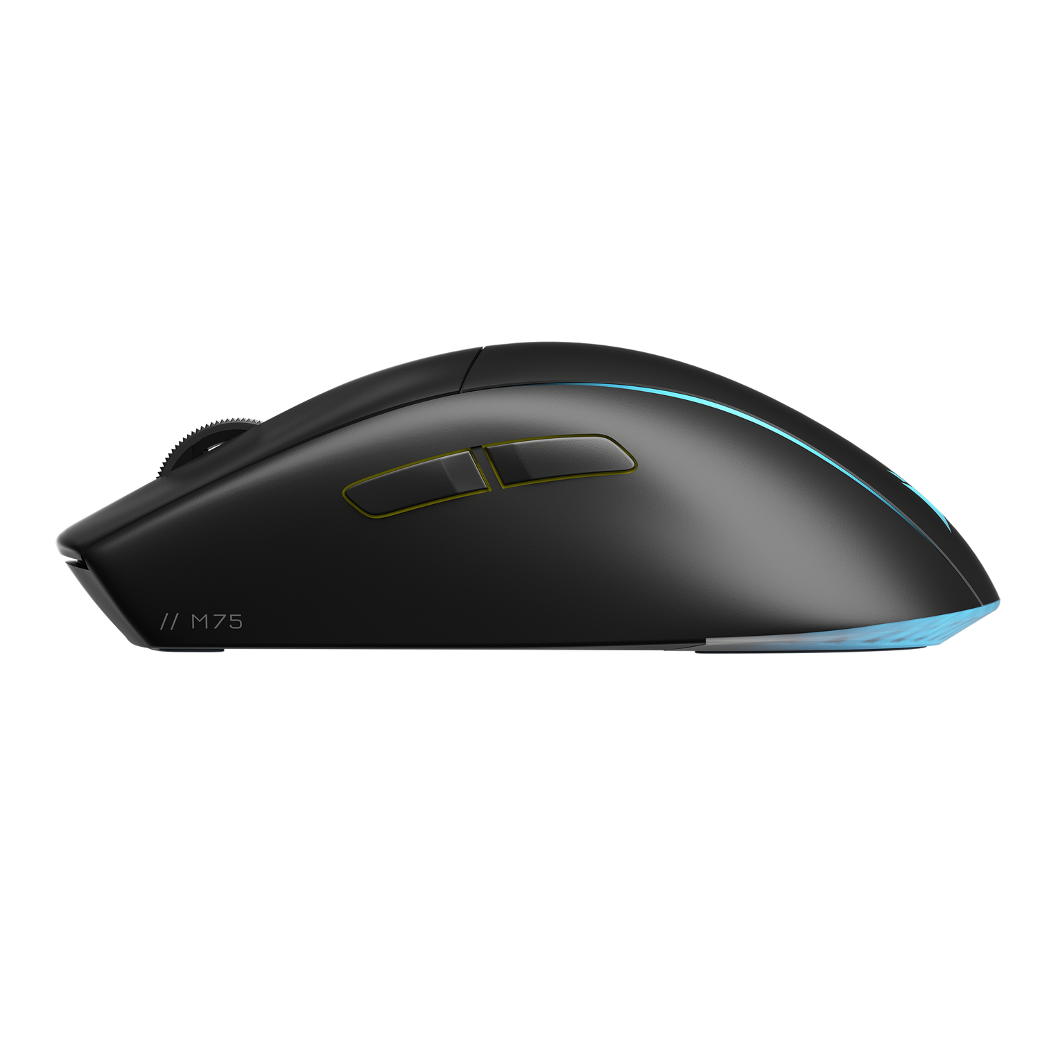 Zwarte gamingmuis met blauwe lichten. Scrollwiel en zijknoppen. Witte achtergrond.