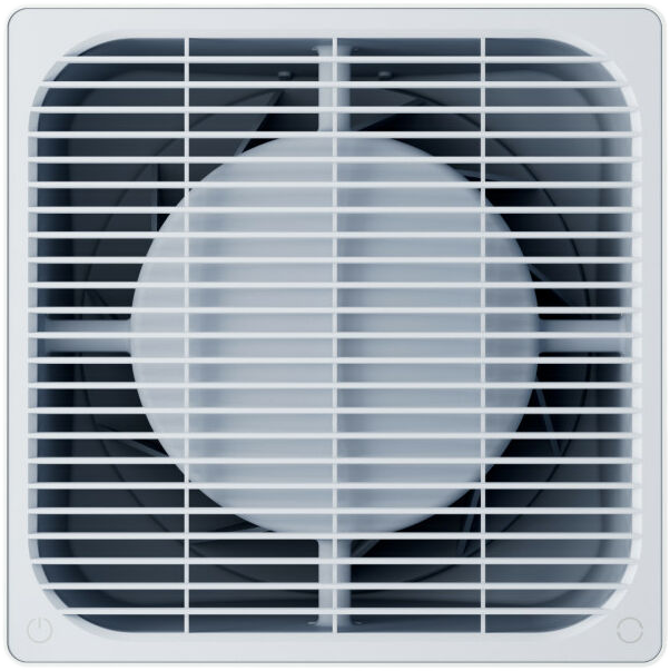 Egy fehér négyzet alakú ventilátor, középen egy kör alakú ventilátorral, amelyet függőleges rácsok borítanak.