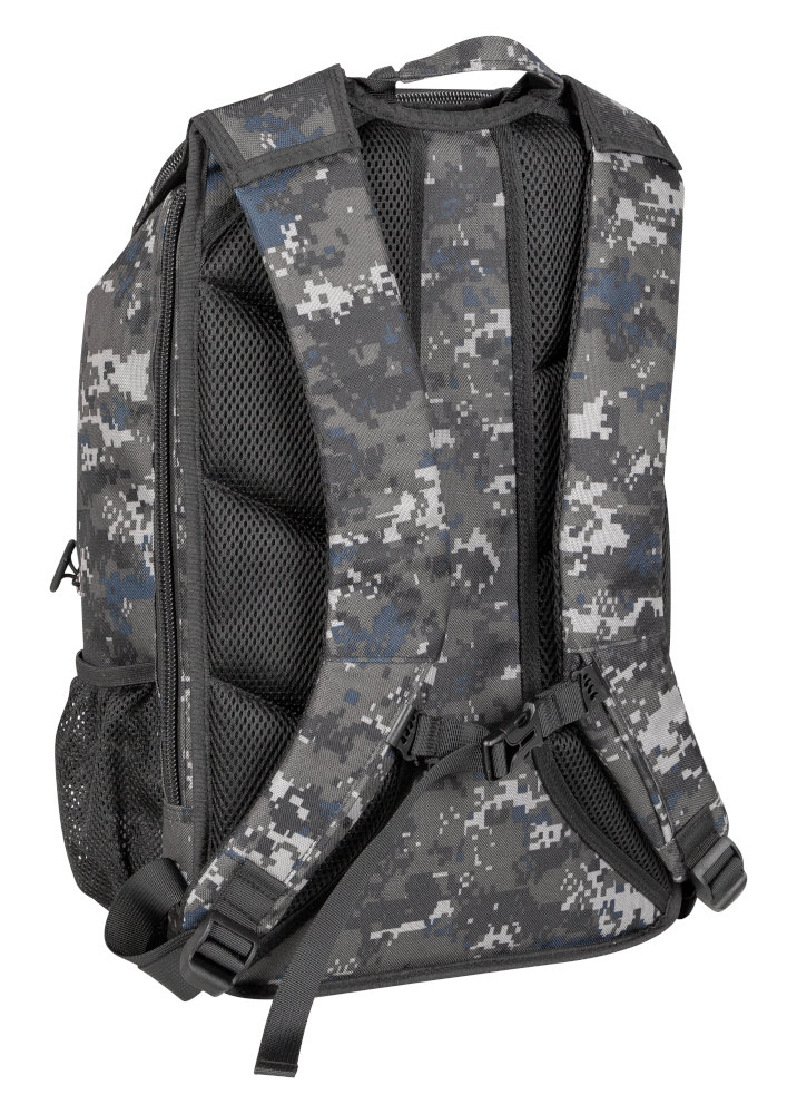 Plecak w kamuflażu. Tył pokazuje paski, panel tylny z siatki i boczną kieszeń.