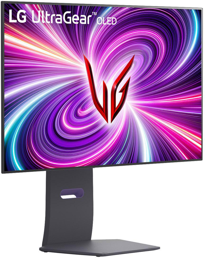 Ein gekrümmter Monitor, der einen lebendigen, farbenfrohen, abstrakten Hintergrund anzeigt, mit dem LG UltraGear OLED Logo.