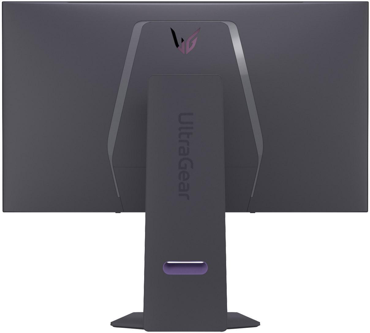 Rückseite eines schwarzen Monitors mit Ständer. Der Monitor hat ein Logo und Text.