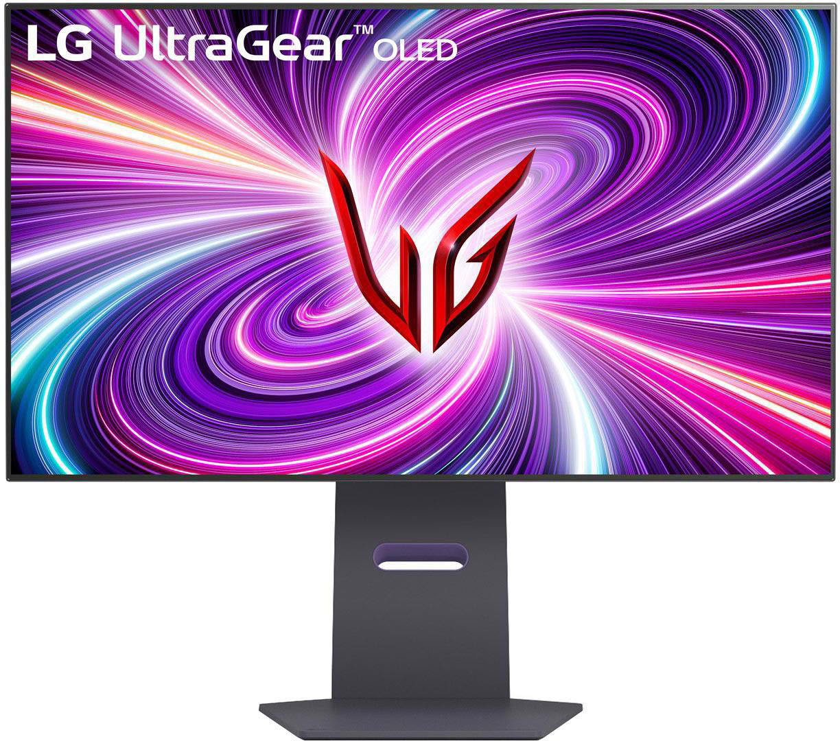 LG UltraGear OLED-Monitor mit gewölbtem Bildschirm und schwarzem Ständer.