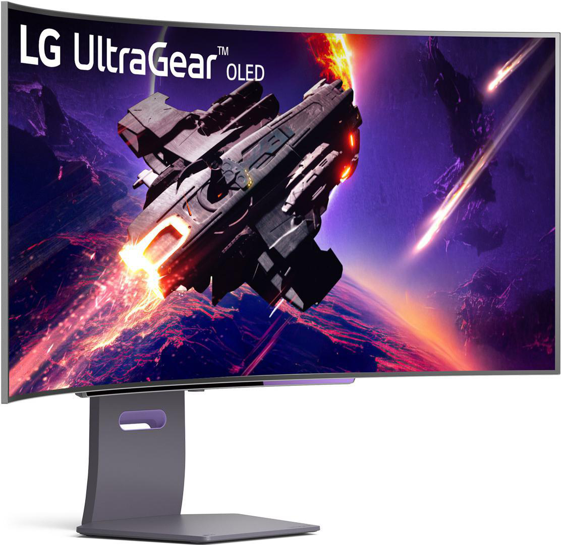 Gebogener LG UltraGear OLED-Monitor, der ein Raumschiff in einer feurigen Szene zeigt. Dunkler Ständer, Grau- und Lilatöne.
