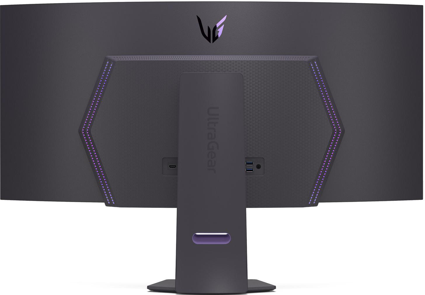 Gebogener LG UltraGear-Monitor, Rückansicht, mit Anschlüssen und Logo.