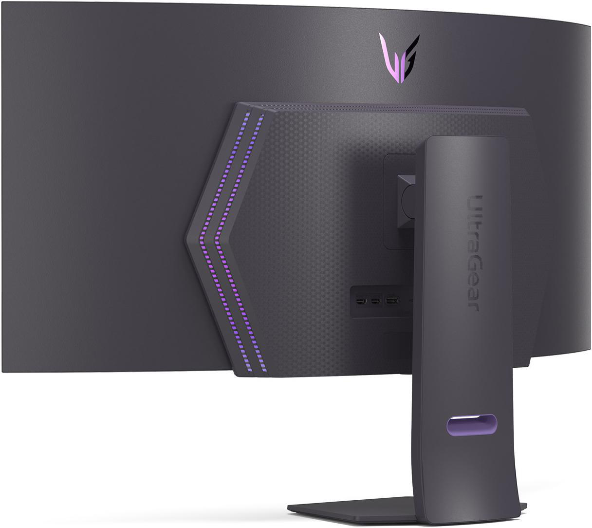 Rückansicht eines LG UltraGear Gaming-Monitors. Mit Anschlüssen, Ständer und Designelementen.