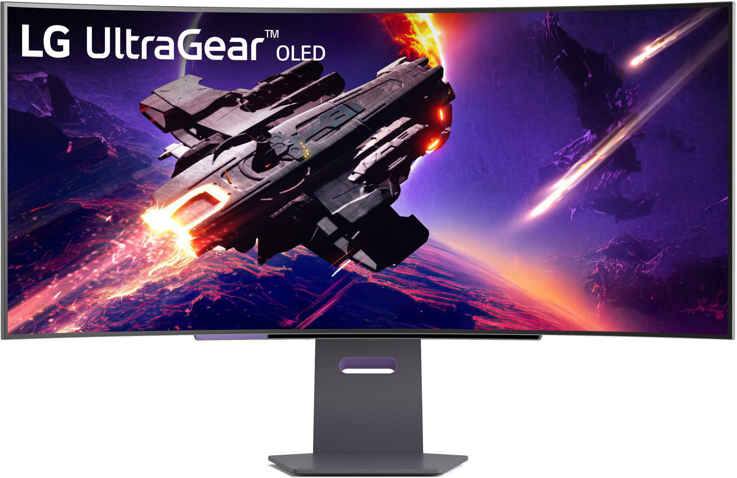 Ein LG UltraGear OLED-Monitor mit gewölbtem Bildschirm, der eine Weltraumschlacht zeigt.