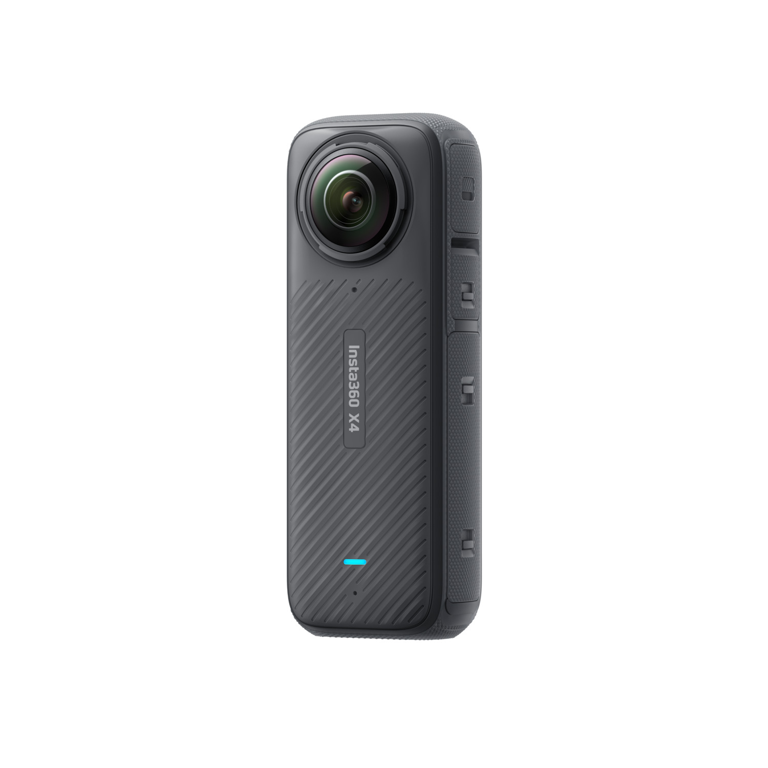 A black Insta360 X4 camera with a lens. The camera has a blue light at the bottom.
